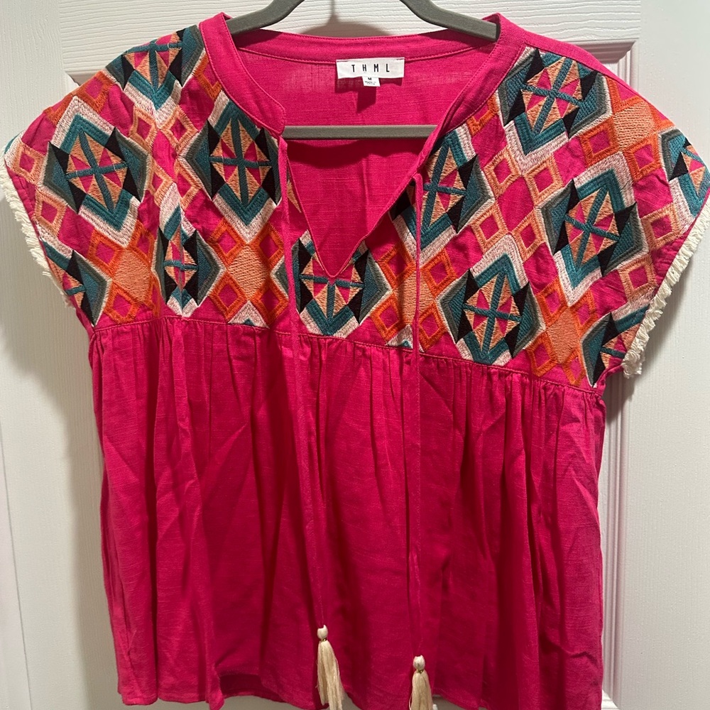 THML Bright Pink Embroidered V-Neck Tunic
